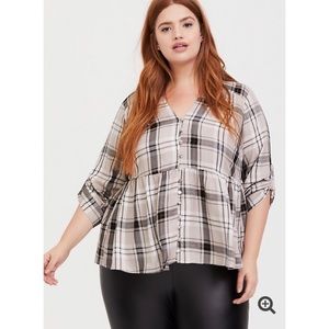 Torrid Gray and Gold Tone Plaid Babydoll Top